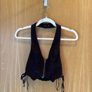 Urban Outfitters Black Sleeveless Crop Tank Halter Top with Zipper Front Lace Up
